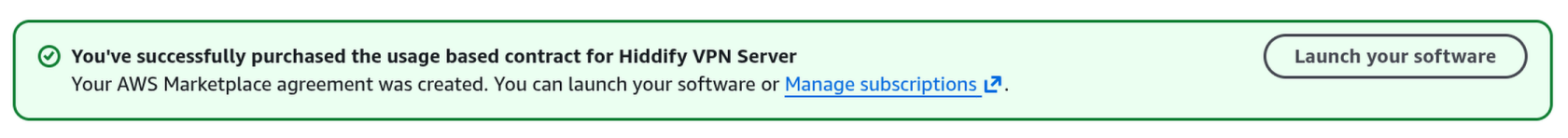 Green success banner saying you've successfully purchased the usage based contract. Click Launch your software.