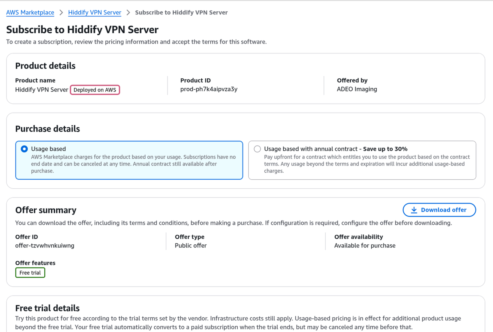 Top of the AWS Marketplace subscription page showing Product details and Purchase details with 'Usage based' selected.
