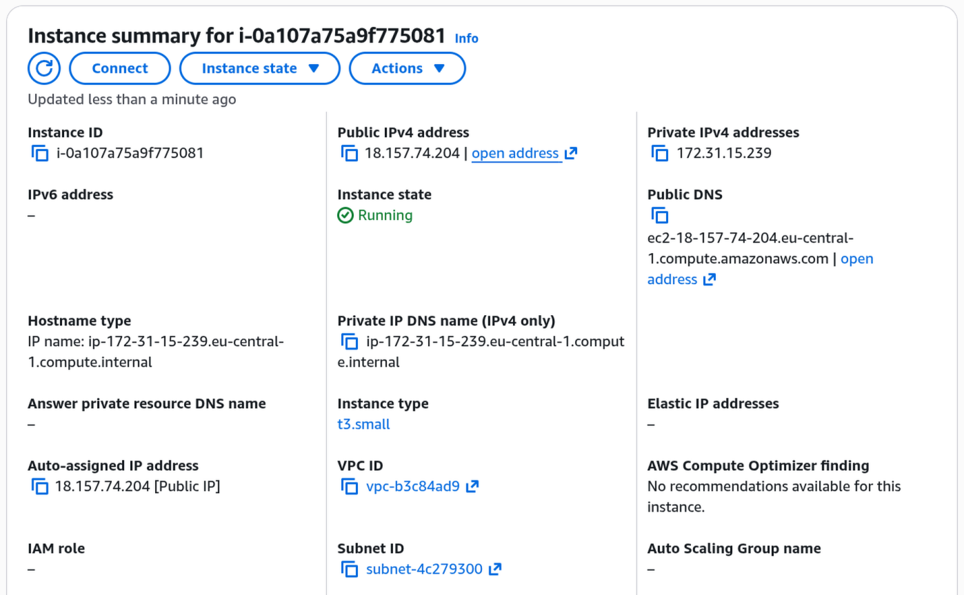 EC2 Instance summary page showing Instance ID, Public IPv4 address with 'open address' link, and Instance state showing Running.