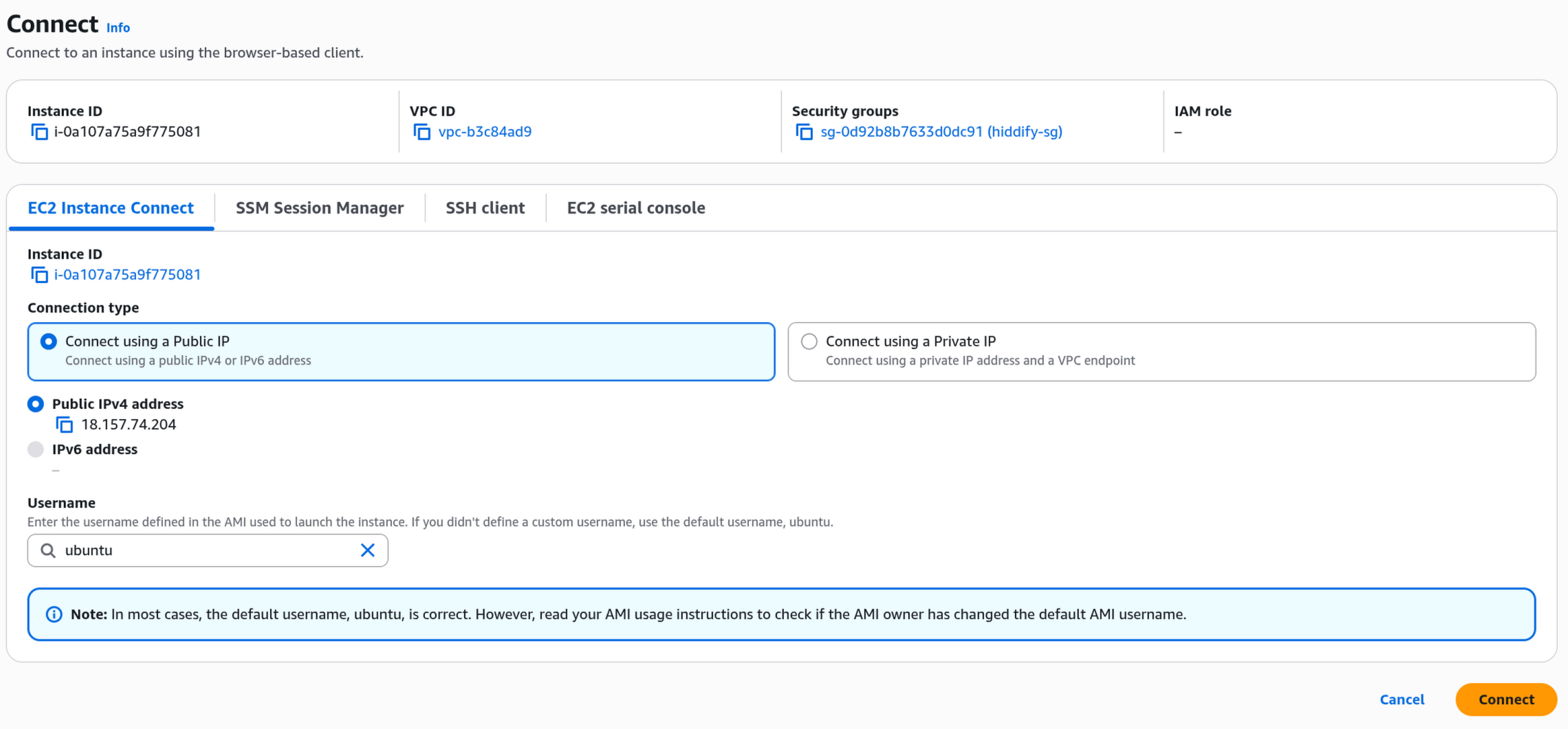 EC2 Instance Connect dialog showing the Instance ID, 'Connect using a Public IP' selected, and username 'ubuntu'. The orange Connect button is at the bottom right.