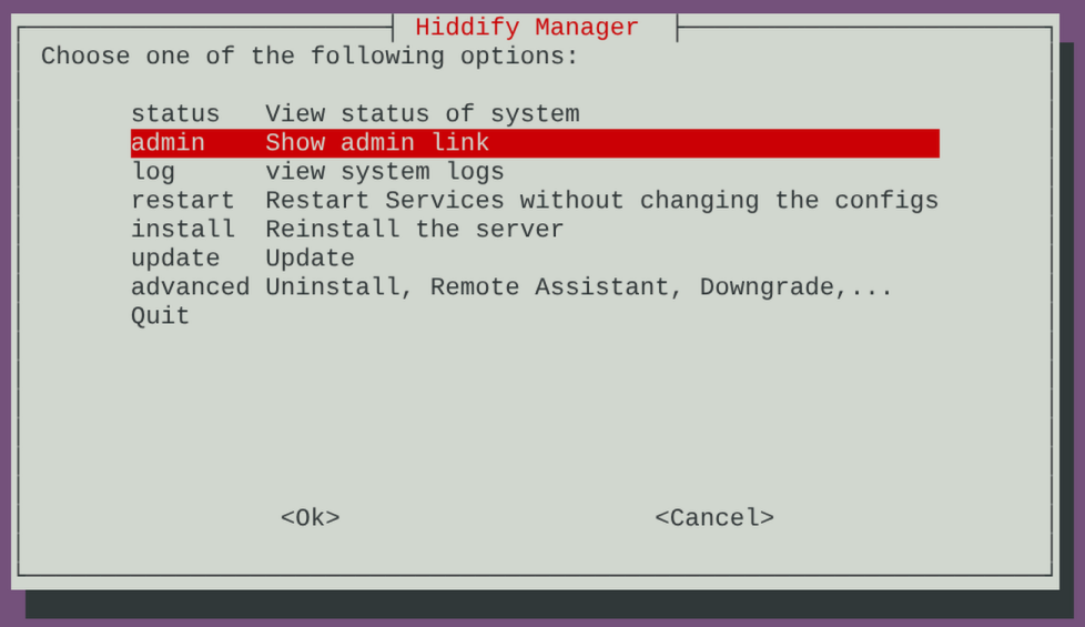 Hiddify Manager menu showing options: status, admin (Show admin link - highlighted in red), log, restart, install, update, advanced, Quit.