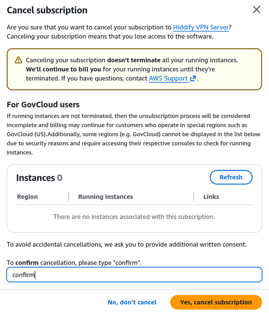 Cancel subscription confirmation dialog. Type 'confirm' in the text box and click 'Yes, cancel subscription'.