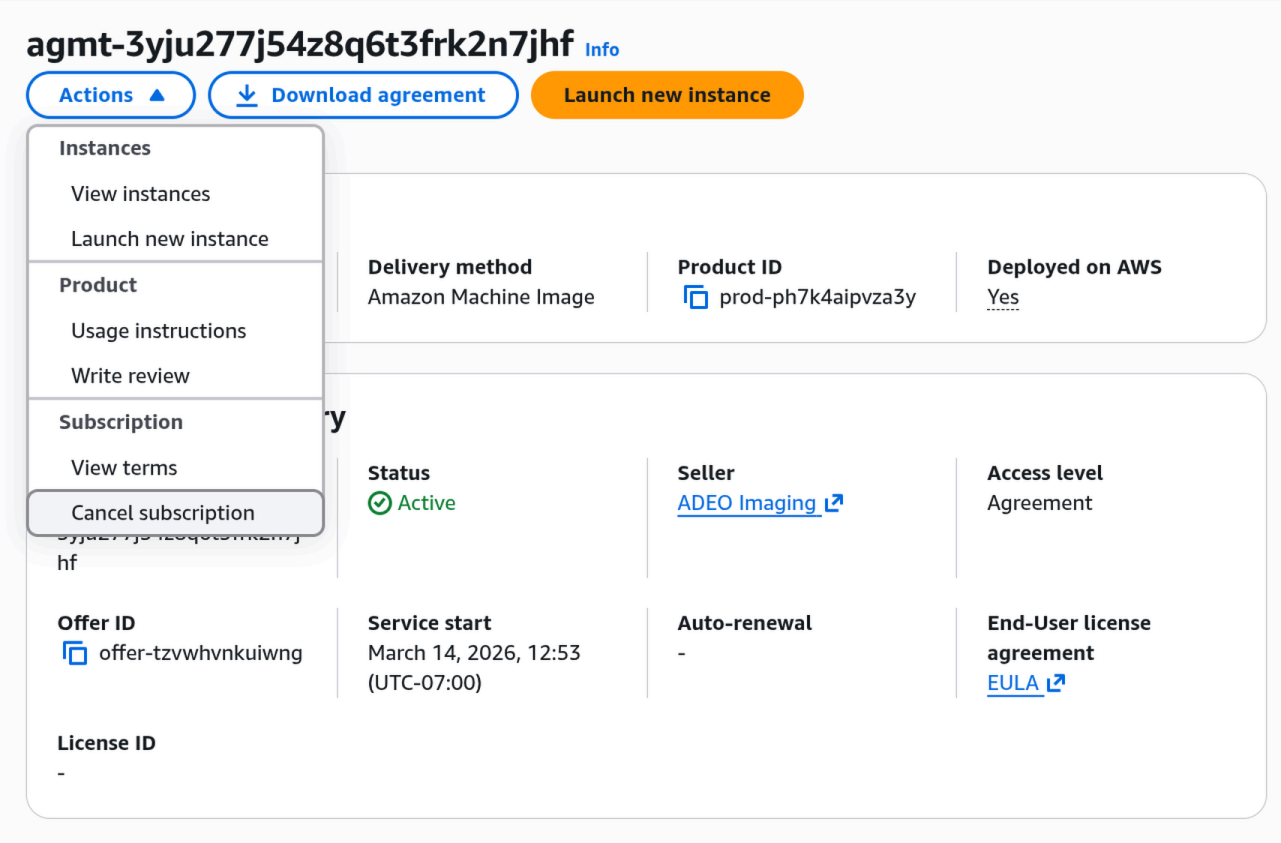 Subscription detail page with Actions dropdown open, showing 'Cancel subscription' option at the bottom.